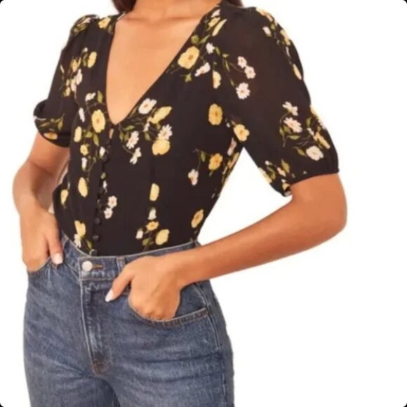 Reformation Benton Top - black and floral top - so cute! L - Picture 1 of 5
